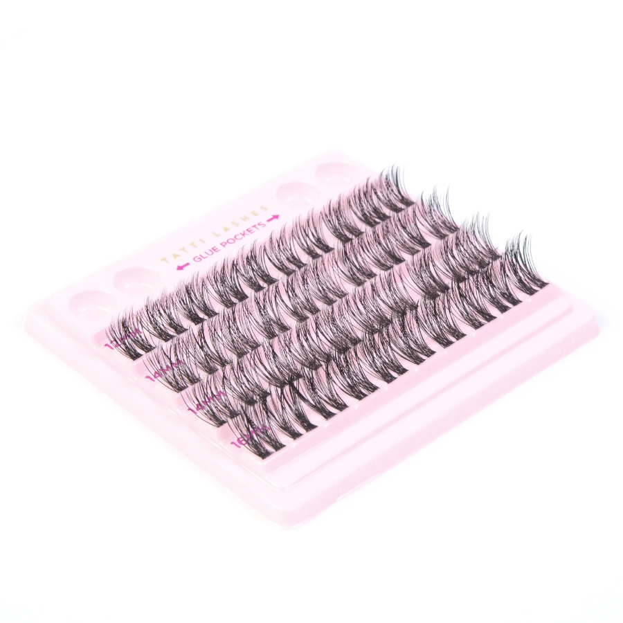 tatti lash branded lash clusters in a pink box on a white background