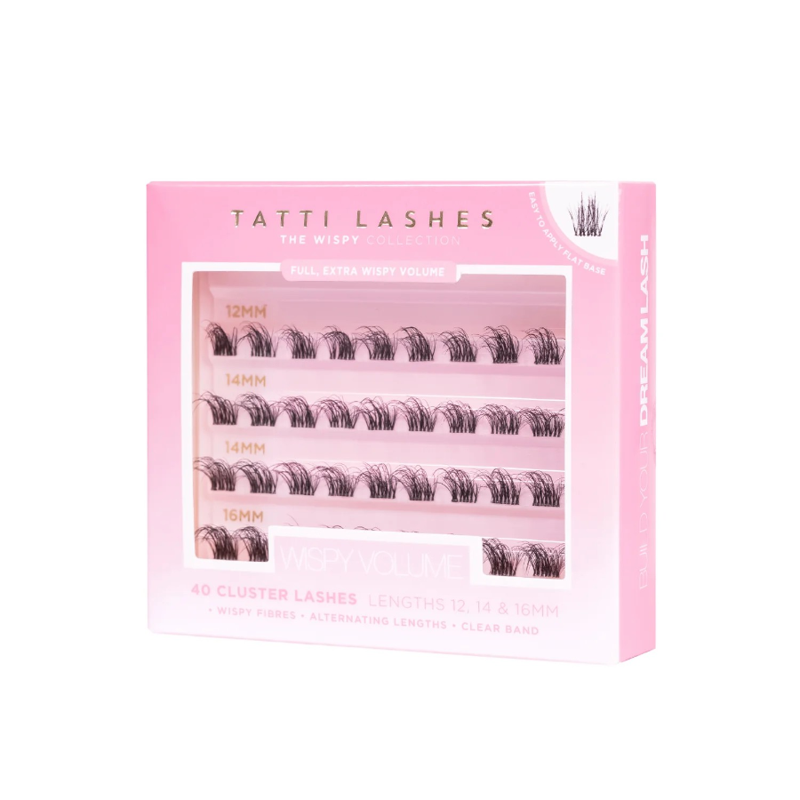 A pack of Tatti Lashes Wispy Volume Individual Cluster Eyelash Extensions with 40 faux lashes in varying lengths, displayed in a pink box.