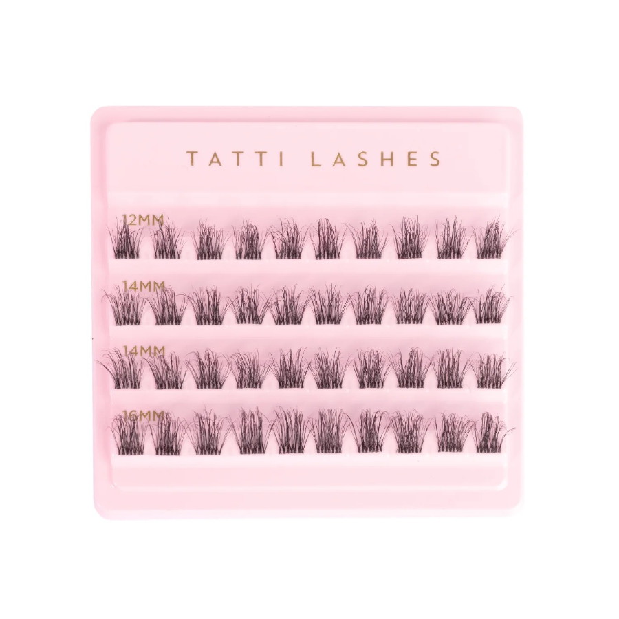 tatti lashes pink box with individual eyelash clusters set in rows of varying sizes