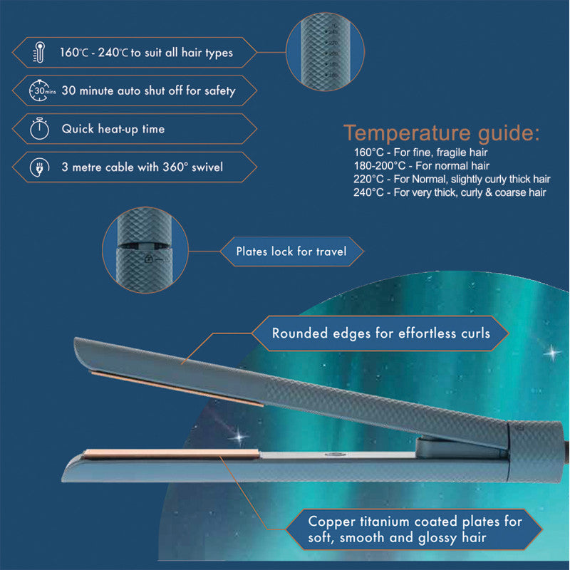 Hair straightener with features and temperature guide on a blue background
