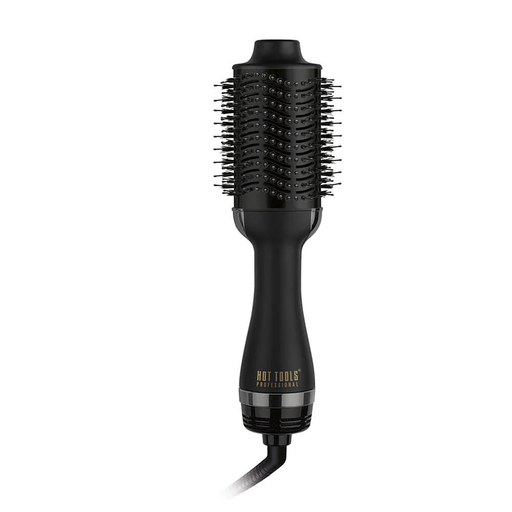 Black hair styling tool with bristle brush head on a white background