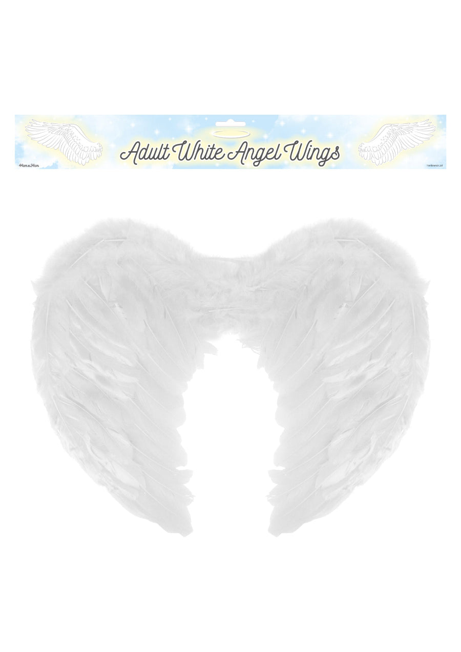 pair of white feathery angel wings for fancy dress in clear packaging