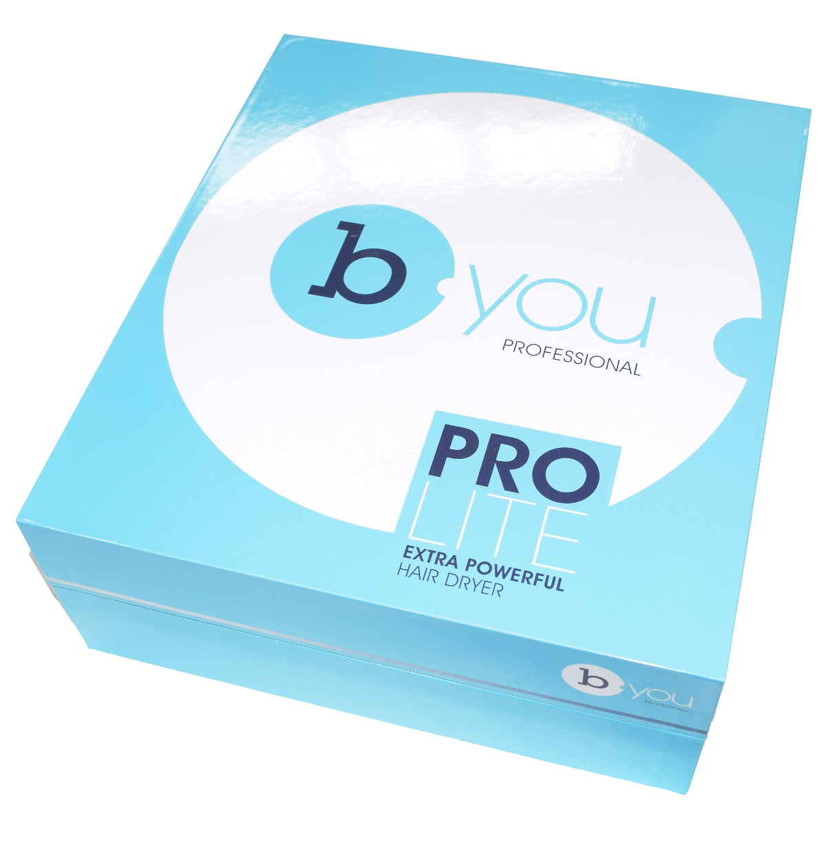 A boxed BYou Pro Lite Hair Dryer with branding and text on the packaging, indicating it is a professional extra powerful hair dryer.