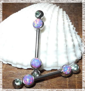 Opal nipple barbell 1.6 -14mm  double jewel and fire opal design, surgical steel - beauty spot warehouse
