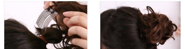 Two images showing the use of a clip-in hair extension. The first image displays the comb with hair extensions being placed into it, and the second image shows the finished hairstyle using the clipped-in hair extension.