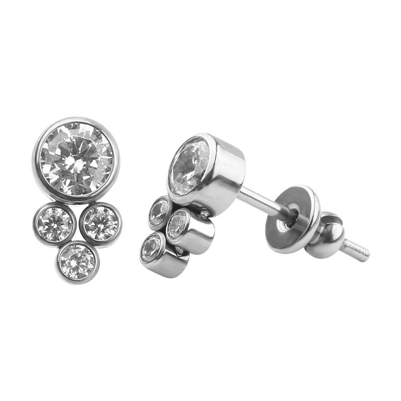 A pair of titanium earrings with a CZ cluster design, featuring a high polish finish and bezel set zircon crystals.