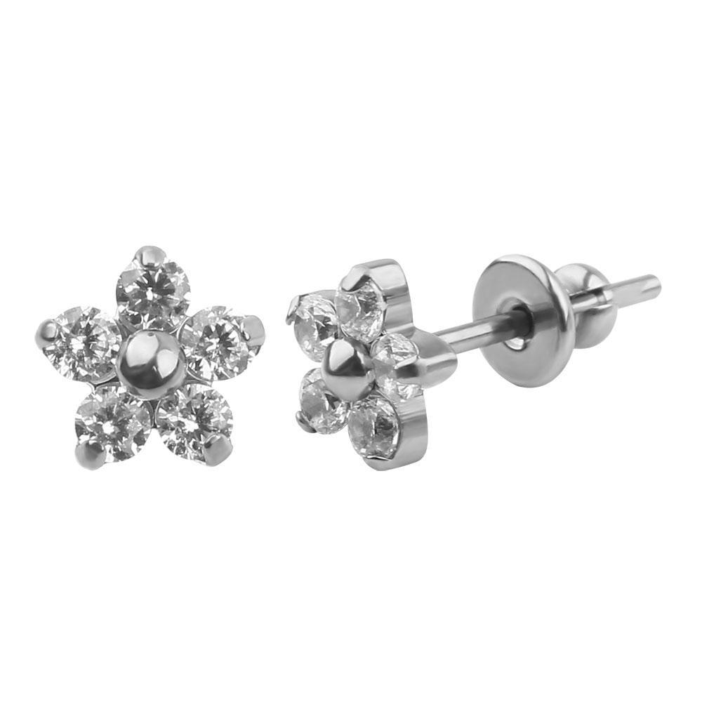 A pair of titanium earrings with a flower design, featuring multiple cubic zirconia crystals, displayed against a white background.