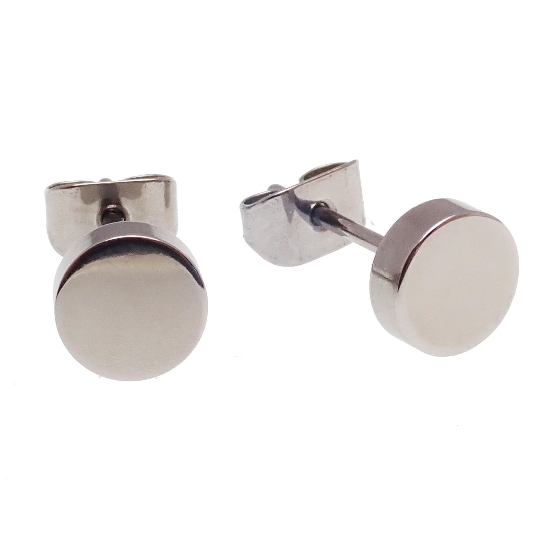 A pair of polished silver titanium disc earrings with butterfly back closures, displayed against a white background.