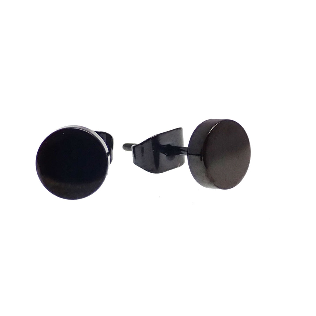 A pair of black PVD disc titanium earrings with a high polish hand finish, bezel set on a titanium base.