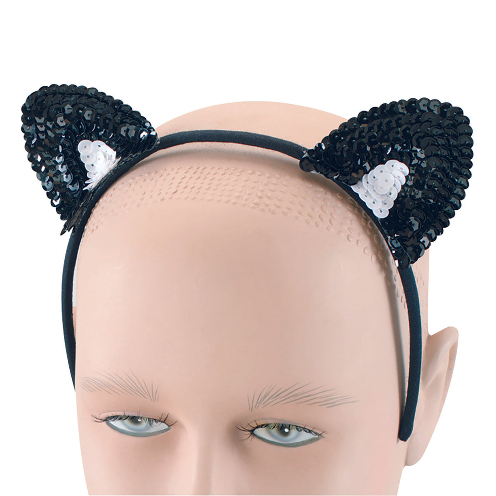 Sequin Black and White Cat Ears on a Headband