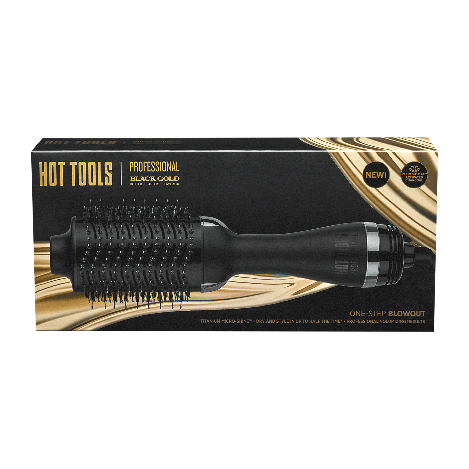 Hot Tools Black & Gold Volumiser, a 2 in 1 brush and dryer with a box packaging.